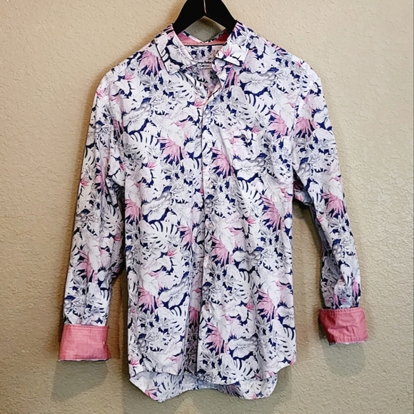 Tommy Bahama Island Zone Pink and Blue Leaf Print Button Down Shirt Pima Blend S - Picture 1 of 4